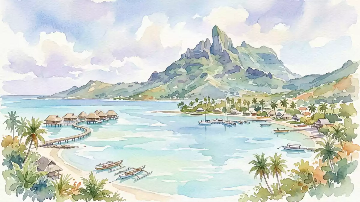 Aquarell-Illustration von Bora Bora Lagune in Vaitape, Franzosisch-Polynesien als Reiseposter