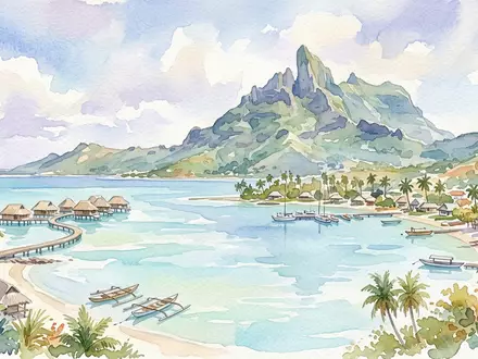 Aquarellillustration des Wahrzeichens Bora Bora Lagune in Vaitape Franzosisch-Polynesien, weiche Farbverläufe und pastelliges Reiseposter-Feeling - Foto: THN