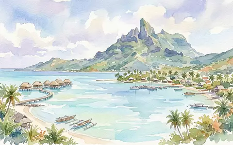 Aquarellillustration des Wahrzeichens Bora Bora Lagune in Vaitape Franzosisch-Polynesien, weiche Farbverläufe und pastelliges Reiseposter-Feeling - Foto: THN