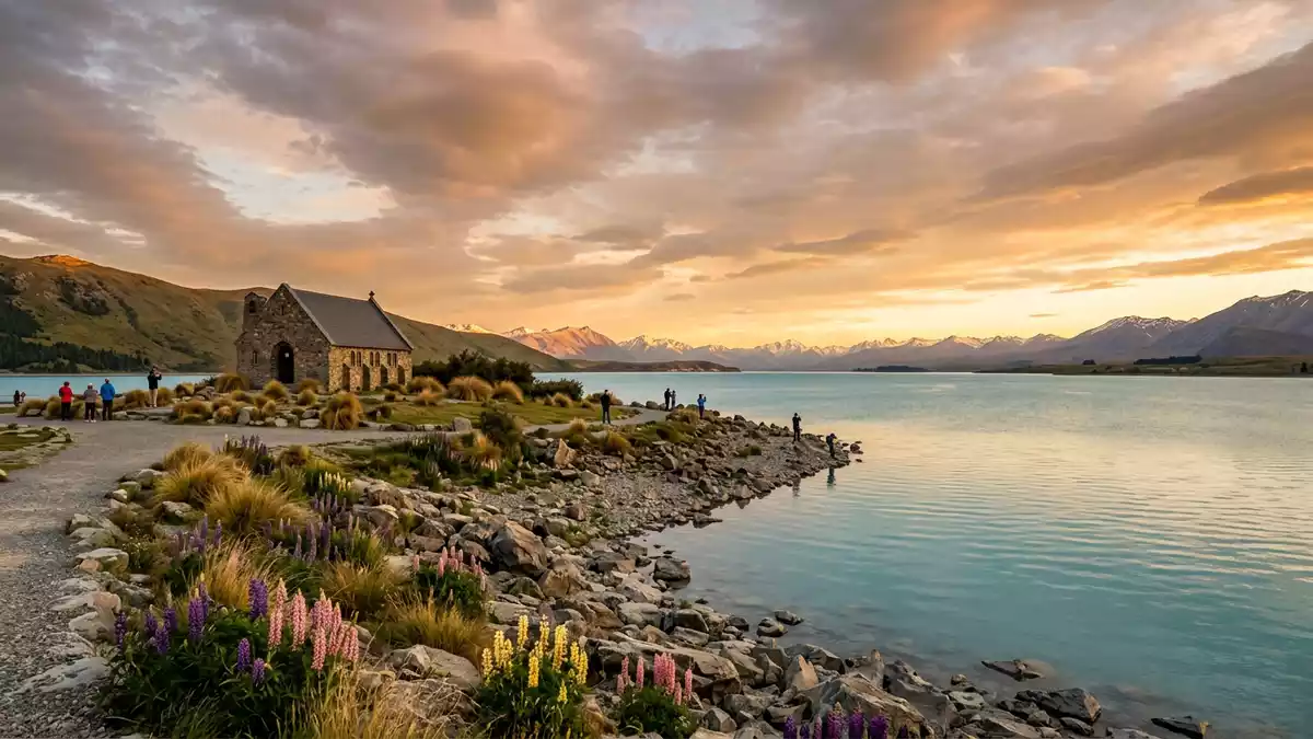 Fotorealistische Ansicht von Lake Tekapo in Lake Tekapo, Neuseeland im Abendlicht