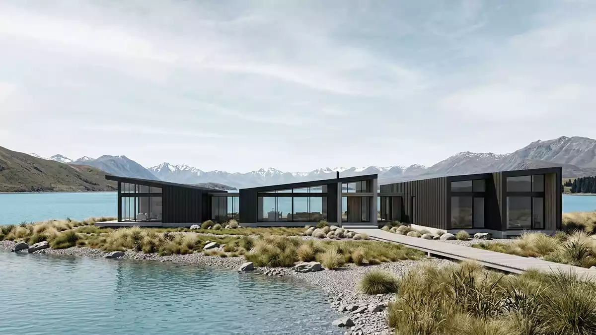 Architektur-Render von Lake Tekapo in Lake Tekapo, Neuseeland bei Tageslicht