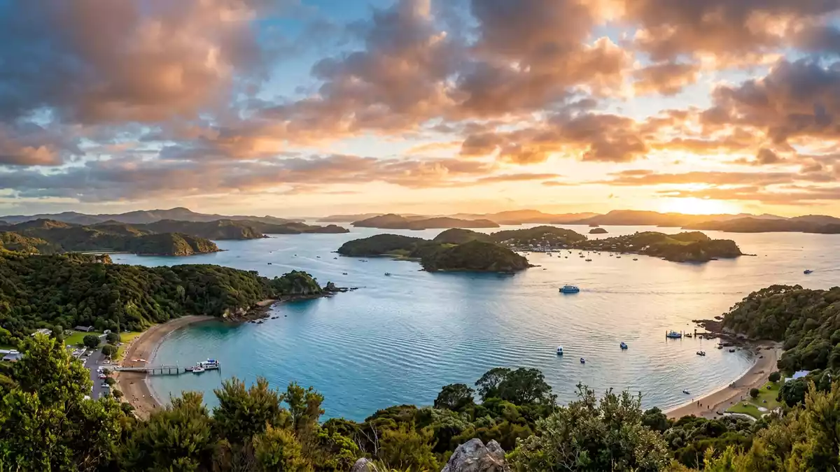 Fotorealistische Ansicht von Bay of Islands in Paihia, Neuseeland im Abendlicht