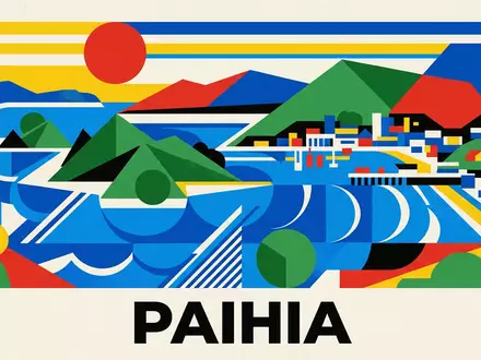 Bauhaus-Poster als geometrische Abstraktion von Bay of Islands in Paihia Neuseeland, kraeftige Grundfarben und harte - Foto: THN
