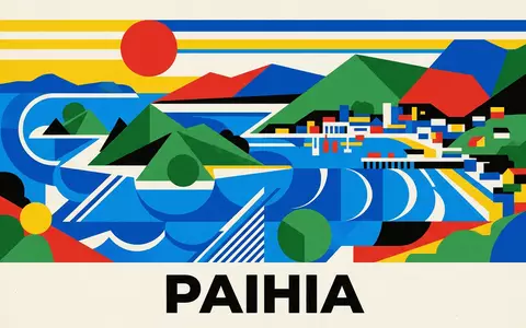 Bauhaus-Poster als geometrische Abstraktion von Bay of Islands in Paihia Neuseeland, kraeftige Grundfarben und harte - Foto: THN