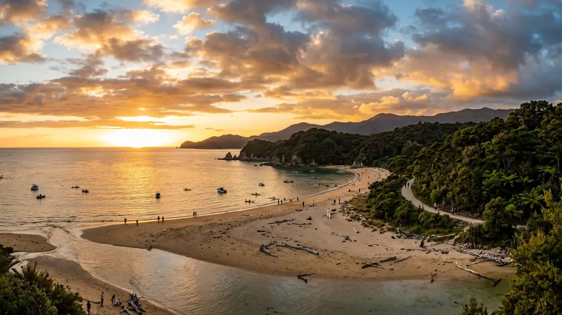Fotorealistische Ansicht von Abel-Tasman-Nationalpark in Marahau, Neuseeland im Abendlicht