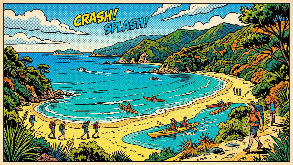 Pop-Art-Comic von Abel-Tasman-Nationalpark in Marahau, Neuseeland mit Rasterpunkten