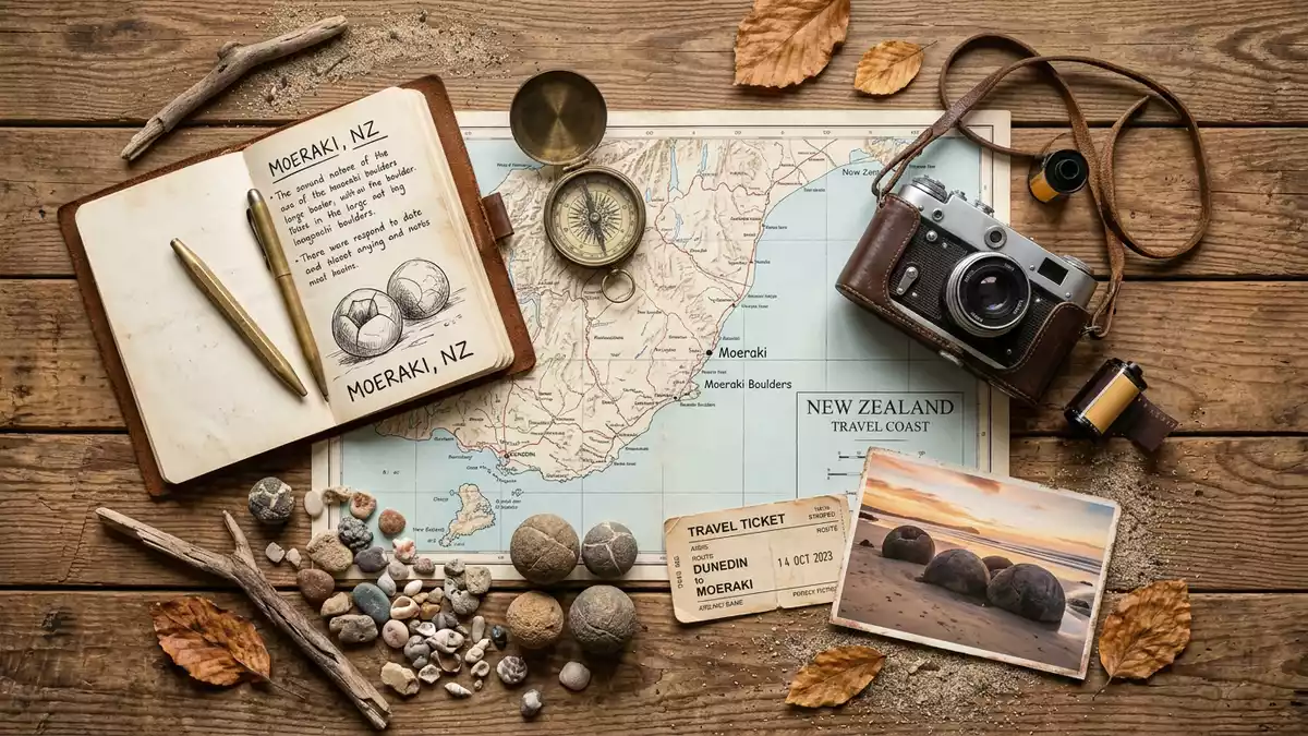 Flatlay-Reise-Arrangement rund um Moeraki Boulders in Moeraki, Neuseeland