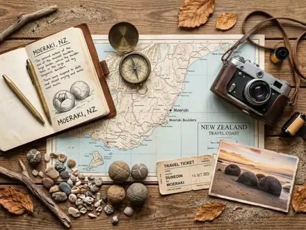 Flatlay-Reise-Arrangement rund um Moeraki Boulders in Moeraki Neuseeland, Karte Kompass Kamera und generische Reiserequisiten - Foto: THN