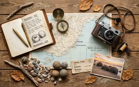 Flatlay-Reise-Arrangement rund um Moeraki Boulders in Moeraki Neuseeland, Karte Kompass Kamera und generische Reiserequisiten - Foto: THN