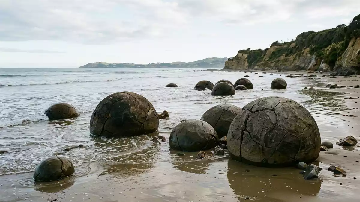 Editorial-Reisemagazinbild vom Wahrzeichen Moeraki Boulders in Moeraki, Neuseeland
