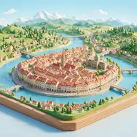Isometrisches Diorama von Altstadt Bern und Umgebung in Bern Schweiz, verspielte Low-Poly-Kulisse in Pastellfarben - Foto: THN