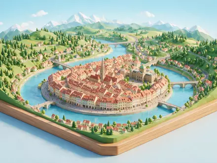 Isometrisches Diorama von Altstadt Bern und Umgebung in Bern Schweiz, verspielte Low-Poly-Kulisse in Pastellfarben - Foto: THN