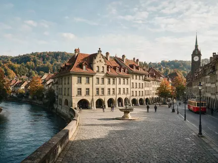 Editorialbild im Reisemagazin-Stil vom Wahrzeichen Altstadt Bern in Bern Schweiz, ausgewogene Bildgestaltung und natuerliches Umgebungslicht - Foto: THN