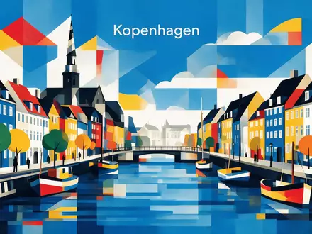 Bauhaus-Poster als geometrische Abstraktion von Nyhavn Kopenhagen in Kopenhagen Dänemark, kraeftige Grundfarben und harte Formkanten - Foto: THN