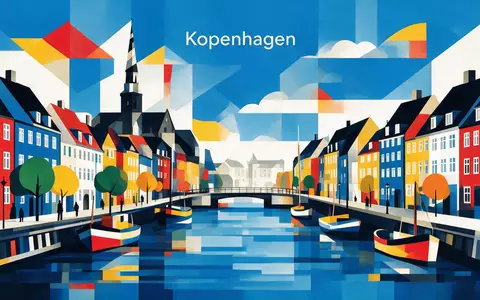 Bauhaus-Poster als geometrische Abstraktion von Nyhavn Kopenhagen in Kopenhagen Dänemark, kraeftige Grundfarben und harte Formkanten - Foto: THN