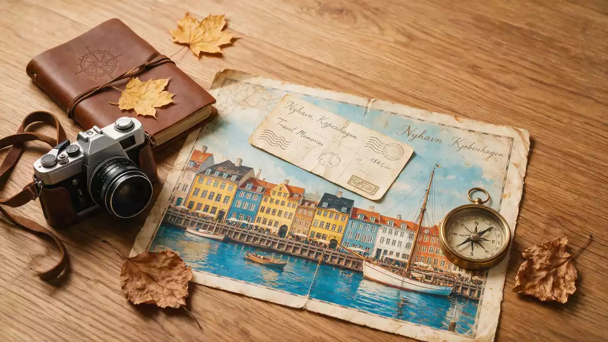 Flatlay-Reise-Arrangement rund um Nyhavn Kopenhagen in Kopenhagen, Dänemark