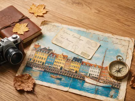 Flatlay-Reise-Arrangement rund um Nyhavn Kopenhagen in Kopenhagen Dänemark, Karte Kompass Kamera und generische Reiserequisiten - Foto: THN