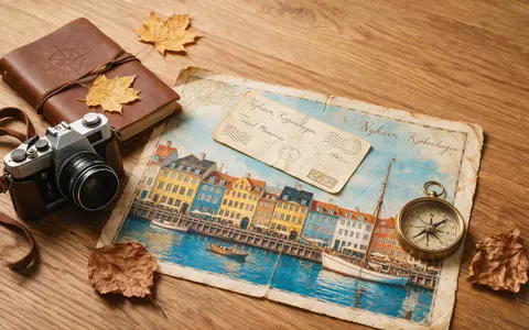 Flatlay-Reise-Arrangement rund um Nyhavn Kopenhagen in Kopenhagen Dänemark, Karte Kompass Kamera und generische Reiserequisiten - Foto: THN