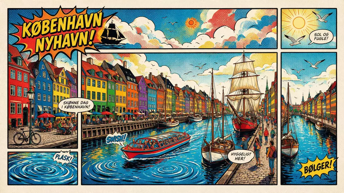 Pop-Art-Comic von Nyhavn Kopenhagen in Kopenhagen, Dänemark mit Rasterpunkten