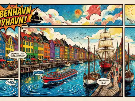 Pop-Art-Comicillustration des Wahrzeichens Nyhavn Kopenhagen in Kopenhagen Dänemark, kraeftige Konturen Rasterpunkte und satte Farben - Foto: THN