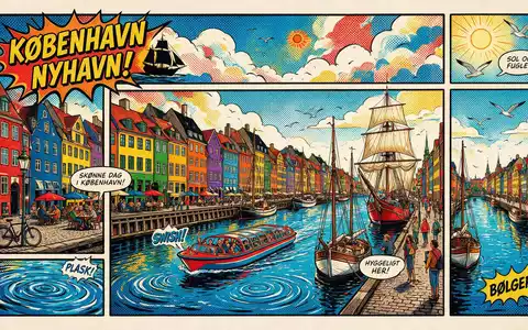 Pop-Art-Comicillustration des Wahrzeichens Nyhavn Kopenhagen in Kopenhagen Dänemark, kraeftige Konturen Rasterpunkte und satte Farben - Foto: THN