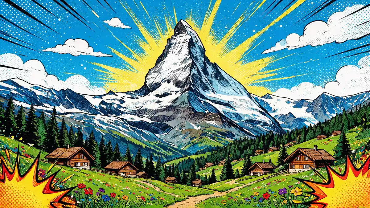 Pop-Art-Comic von Matterhorn Zermatt in Zermatt, Schweiz mit Rasterpunkten