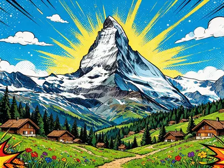 Pop-Art-Comicillustration des Wahrzeichens Matterhorn Zermatt in Zermatt Schweiz, kraeftige Konturen Rasterpunkte und satte Farben - Foto: THN