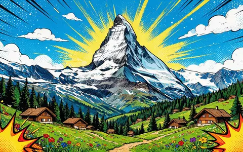 Pop-Art-Comicillustration des Wahrzeichens Matterhorn Zermatt in Zermatt Schweiz, kraeftige Konturen Rasterpunkte und satte Farben - Foto: THN