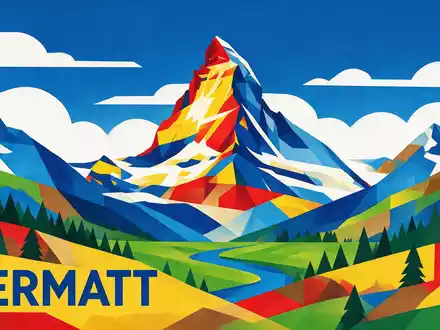 Bauhaus-Poster als geometrische Abstraktion von Matterhorn Zermatt in Zermatt Schweiz, kraeftige Grundfarben und harte Formkanten - Foto: THN