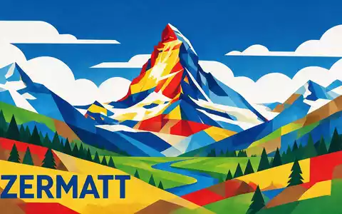 Bauhaus-Poster als geometrische Abstraktion von Matterhorn Zermatt in Zermatt Schweiz, kraeftige Grundfarben und harte Formkanten - Foto: THN