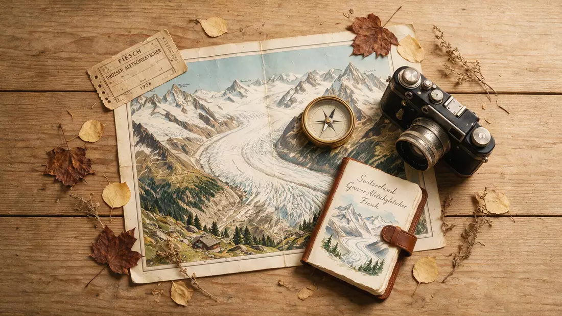 Flatlay-Reise-Arrangement rund um Aletschgletscher in Fiesch, Schweiz