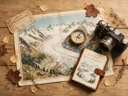 Flatlay-Reise-Arrangement rund um Aletschgletscher in Fiesch Schweiz, Karte Kompass Kamera und generische Reiserequisiten - Foto: THN