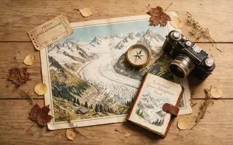 Flatlay-Reise-Arrangement rund um Aletschgletscher in Fiesch Schweiz, Karte Kompass Kamera und generische Reiserequisiten - Foto: THN