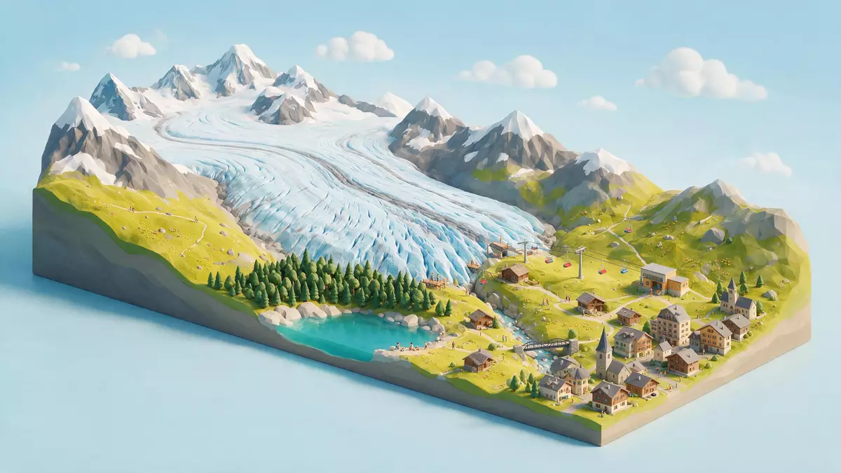 Isometrisches Diorama von Aletschgletscher in Fiesch, Schweiz in Pastell