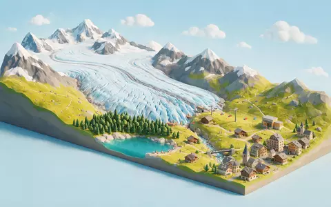 Isometrisches Diorama von Aletschgletscher und Umgebung in Fiesch Schweiz, verspielte Low-Poly-Kulisse in Pastellfarben - Foto: THN