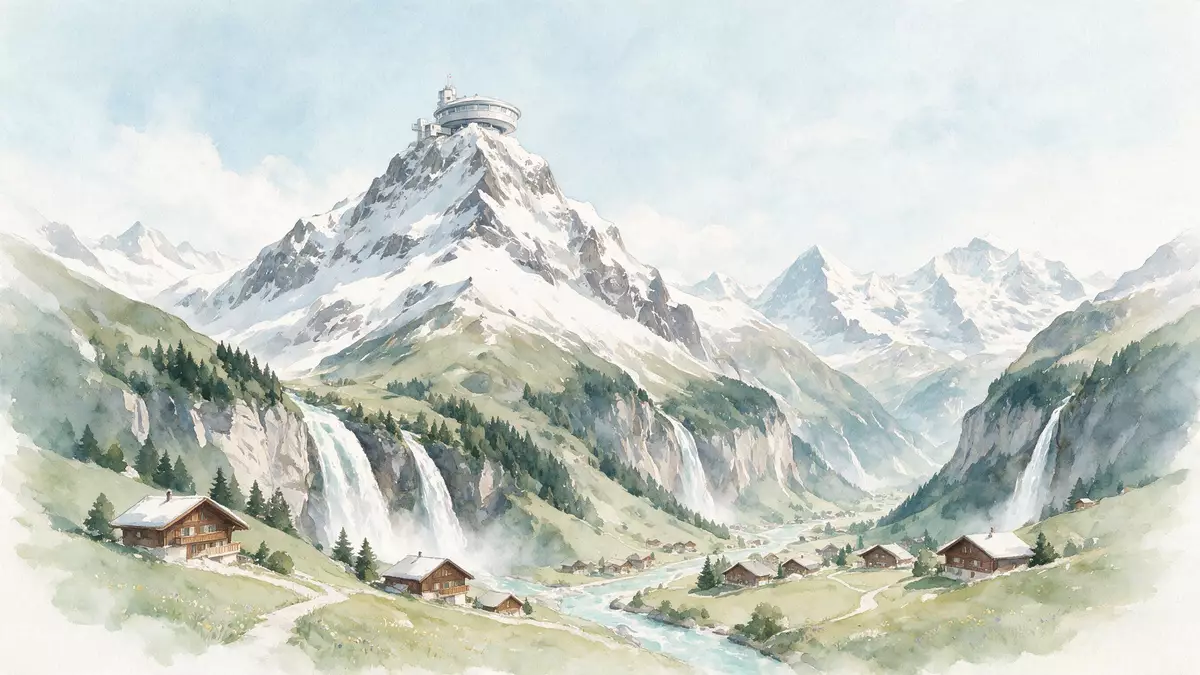 Aquarell-Illustration von Schilthorn in Lauterbrunnen, Schweiz als Reiseposter
