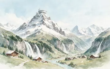 Aquarellillustration des Wahrzeichens Schilthorn in Lauterbrunnen Schweiz, weiche Farbverläufe und pastelliges Reiseposter-Feeling - Foto: THN