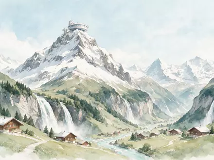 Aquarellillustration des Wahrzeichens Schilthorn in Lauterbrunnen Schweiz, weiche Farbverläufe und pastelliges Reiseposter-Feeling - Foto: THN