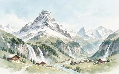 Aquarellillustration des Wahrzeichens Schilthorn in Lauterbrunnen Schweiz, weiche Farbverläufe und pastelliges Reiseposter-Feeling - Foto: THN