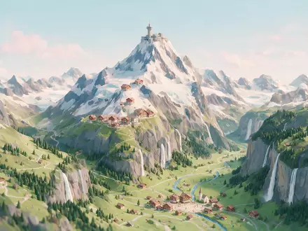 Isometrisches Diorama von Schilthorn und Umgebung in Lauterbrunnen Schweiz, verspielte Low-Poly-Kulisse in Pastellfarben - Foto: THN
