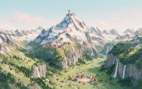 Isometrisches Diorama von Schilthorn und Umgebung in Lauterbrunnen Schweiz, verspielte Low-Poly-Kulisse in Pastellfarben - Foto: THN
