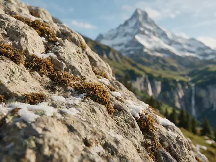 Extreme Makroaufnahme eines Materialdetails am Wahrzeichen Schilthorn in Lauterbrunnen Schweiz, taktile Struktur und weiches Seitenlicht - Foto: THN
