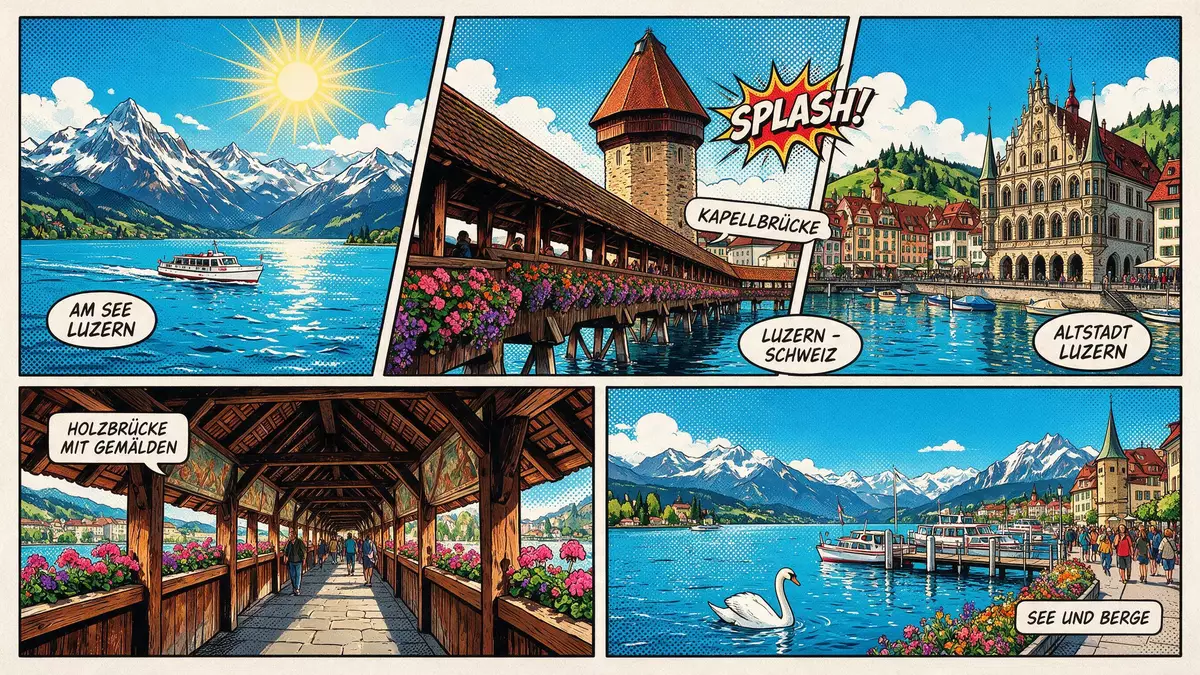 Pop-Art-Comic von Kapellbrücke Luzern in Luzern, Schweiz mit Rasterpunkten