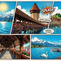 Pop-Art-Comicillustration des Wahrzeichens Kapellbrücke Luzern in Luzern Schweiz, kraeftige Konturen Rasterpunkte und satte Farben - Foto: THN