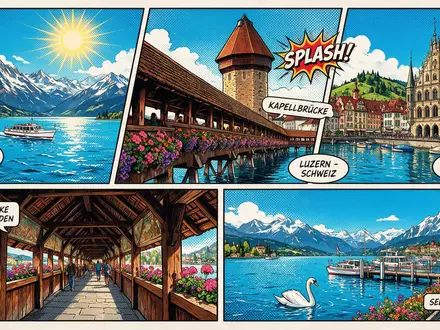 Pop-Art-Comicillustration des Wahrzeichens Kapellbrücke Luzern in Luzern Schweiz, kraeftige Konturen Rasterpunkte und satte Farben - Foto: THN