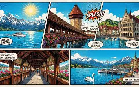 Pop-Art-Comicillustration des Wahrzeichens Kapellbrücke Luzern in Luzern Schweiz, kraeftige Konturen Rasterpunkte und satte Farben - Foto: THN