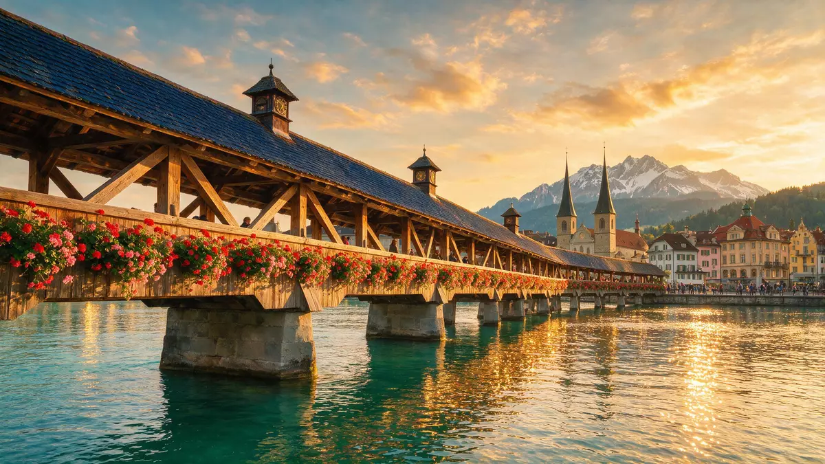 Fotorealistische Ansicht von Kapellbrücke Luzern in Luzern, Schweiz im Abendlicht
