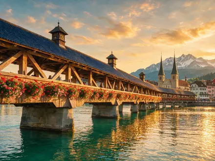Fotorealistische Panoramaaufnahme von Kapellbrücke Luzern in Luzern Schweiz, warmes Abendlicht auf Wahrzeichen - Foto: THN