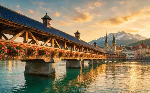 Fotorealistische Panoramaaufnahme von Kapellbrücke Luzern in Luzern Schweiz, warmes Abendlicht auf Wahrzeichen - Foto: THN