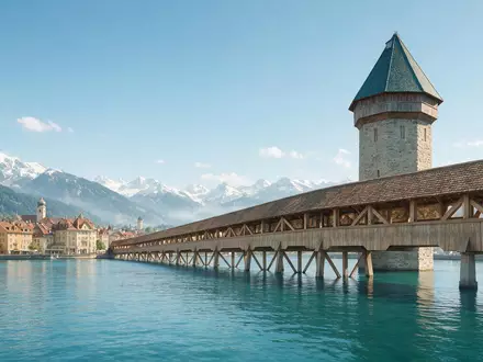 Moderner Architektur-Render zeigt Silhouette von Kapellbrücke Luzern in Luzern Schweiz, klare Linien und neutrales Tageslicht - Foto: THN